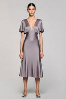 Load image into Gallery viewer, Satin Black A Line V-Neck Midi Cocktail Dress with Ruffles