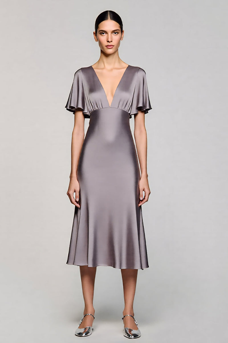 Load image into Gallery viewer, Satin Black A Line V-Neck Midi Cocktail Dress with Ruffles