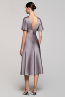 Load image into Gallery viewer, Satin Black A Line V-Neck Midi Cocktail Dress with Ruffles