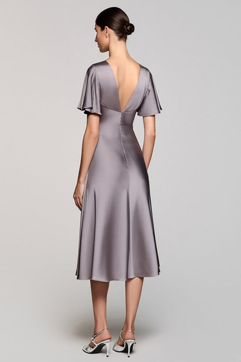 Load image into Gallery viewer, Satin Black A Line V-Neck Midi Cocktail Dress with Ruffles