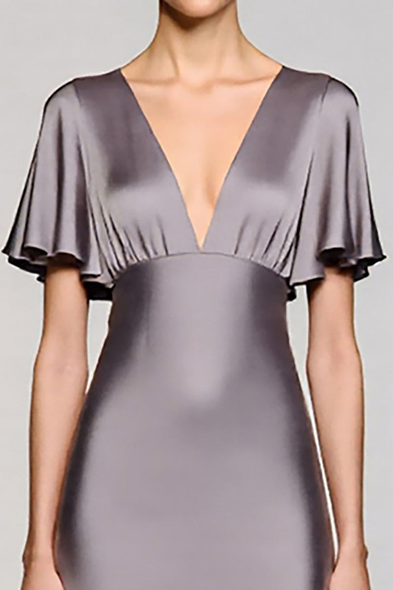 Load image into Gallery viewer, Satin Black A Line V-Neck Midi Cocktail Dress with Ruffles