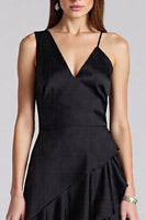 Load image into Gallery viewer, Black A Line V-Neck Satin Midi Cocktail Dress with Ruffles