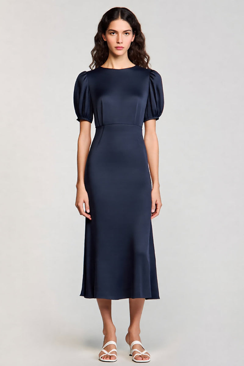Load image into Gallery viewer, Satin Navy A Line Midi Cocktail Dress with Sleeves