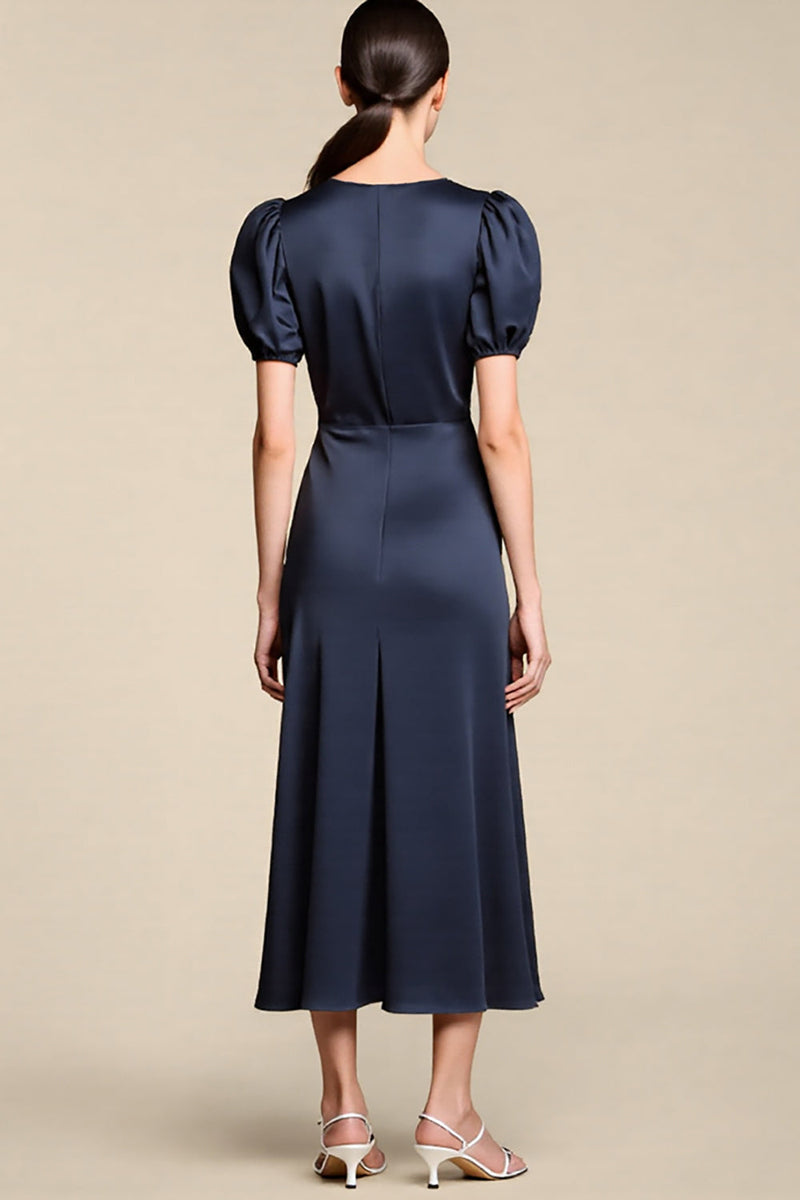 Load image into Gallery viewer, Satin Navy A Line Midi Cocktail Dress with Sleeves