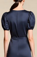 Load image into Gallery viewer, Satin Navy A Line Midi Cocktail Dress with Sleeves
