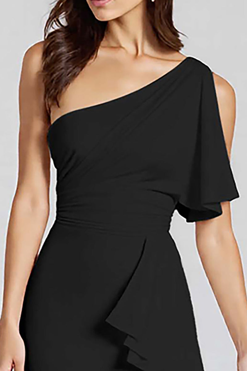 Load image into Gallery viewer, Black One Shoulder Satin Midi Cocktail Dress with Ruffles