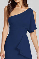 Load image into Gallery viewer, Black One Shoulder Satin Midi Cocktail Dress with Ruffles