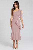 Load image into Gallery viewer, One Shoulder Dusty Blue Satin Midi Cocktail Dress with Ruffles