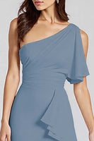 Load image into Gallery viewer, One Shoulder Dusty Blue Satin Midi Cocktail Dress with Ruffles