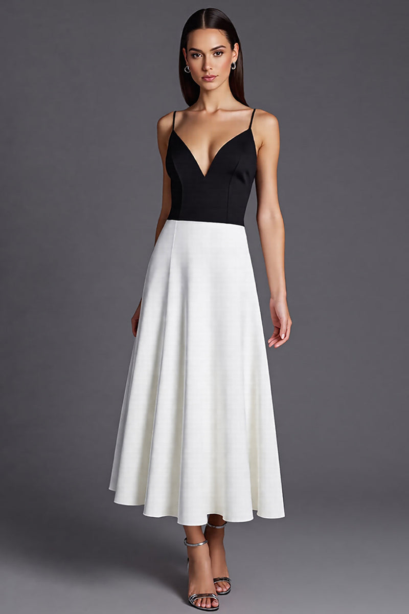 Load image into Gallery viewer, Black and White Patchwork Satin A Line Long Formal Dress