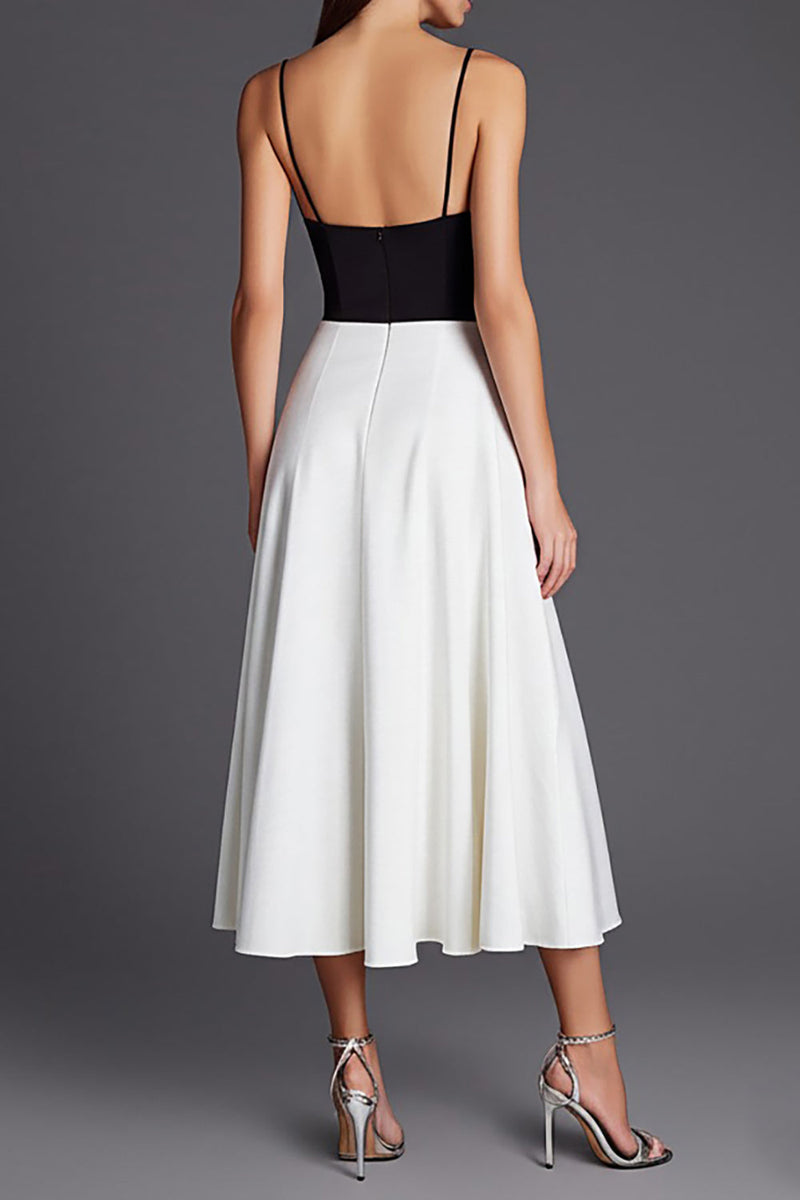 Load image into Gallery viewer, Black and White Patchwork Satin A Line Long Formal Dress