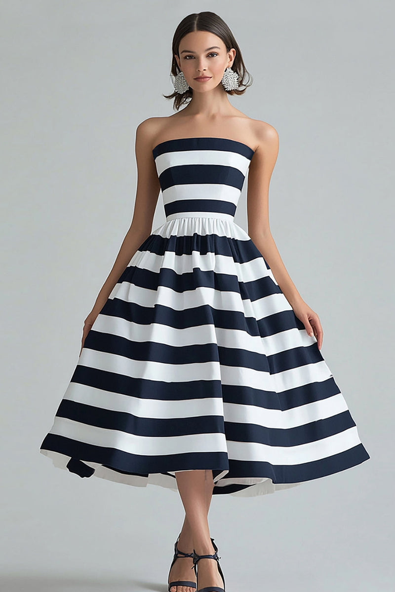Load image into Gallery viewer, Navy White Stripe Strapless A Line Midi Cocktail Dress
