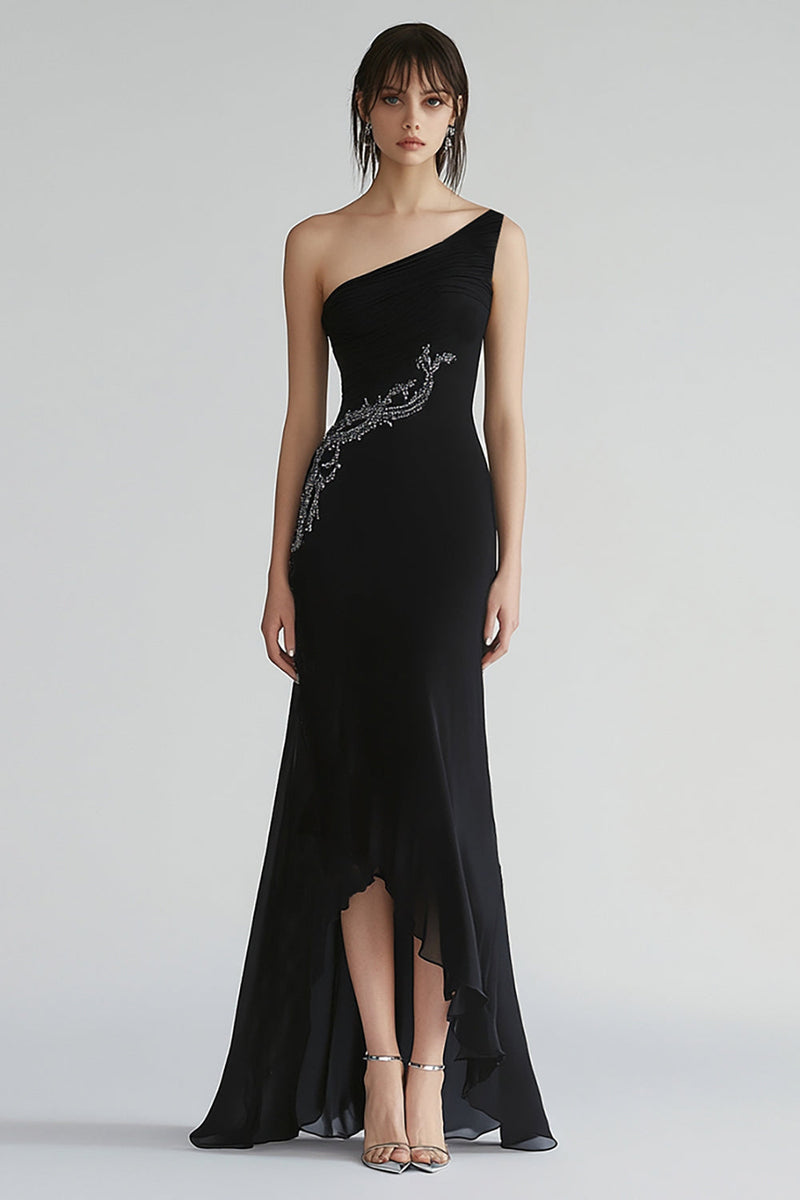 Load image into Gallery viewer, Sparkly One Shoulder Chiffon Long Black Tie Dress with Beading