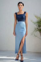 Load image into Gallery viewer, Satin Blue Patchwork Long Formal Dress with Slit