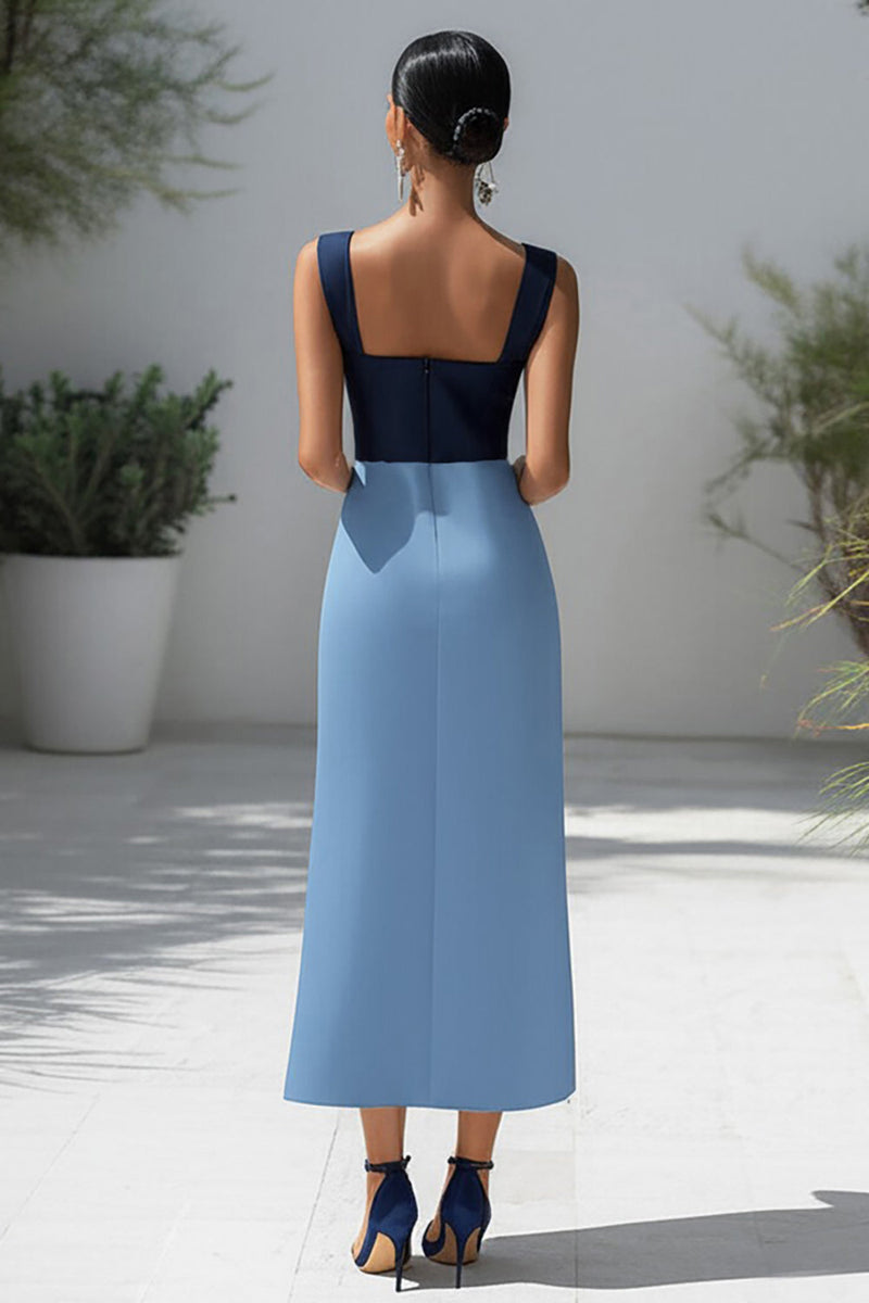 Load image into Gallery viewer, Satin Blue Patchwork Long Formal Dress with Slit