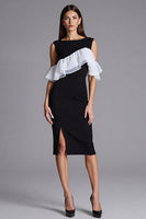 Load image into Gallery viewer, Black and White Bodycon Satin Midi Cocktail Dress with Ruffles