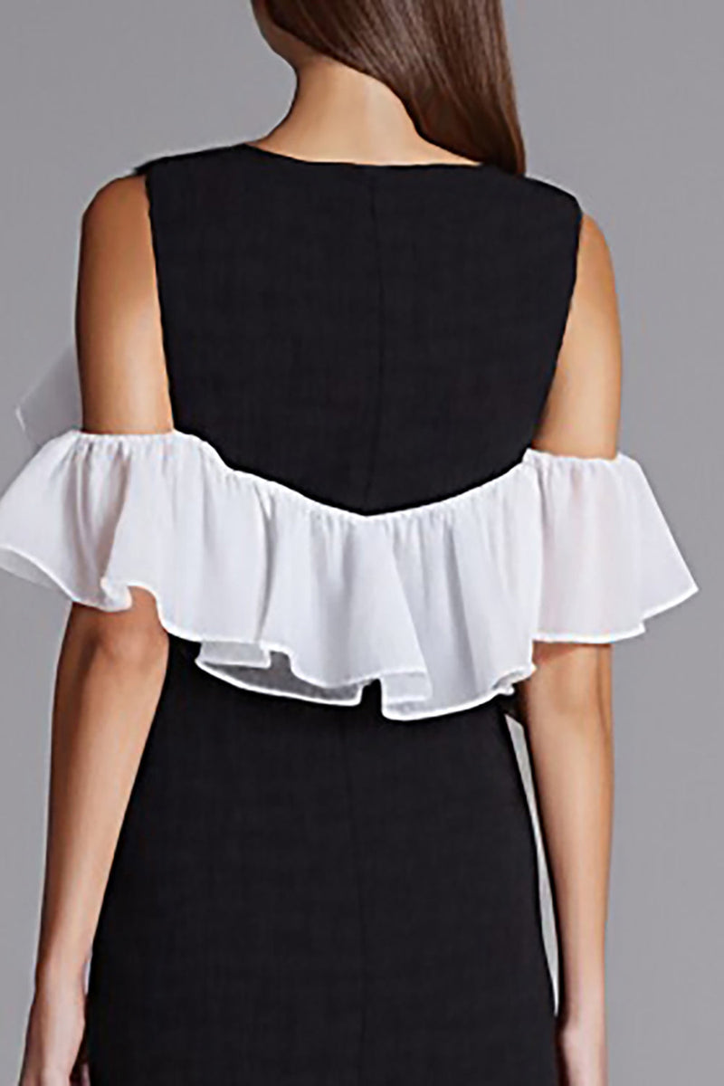 Load image into Gallery viewer, Black and White Bodycon Satin Midi Cocktail Dress with Ruffles