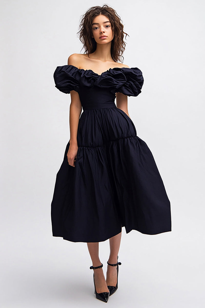 Load image into Gallery viewer, Black Satin Off the Shoulder A Line Midi Cocktail Dress with Ruffles