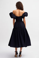 Load image into Gallery viewer, Black Satin Off the Shoulder A Line Midi Cocktail Dress with Ruffles