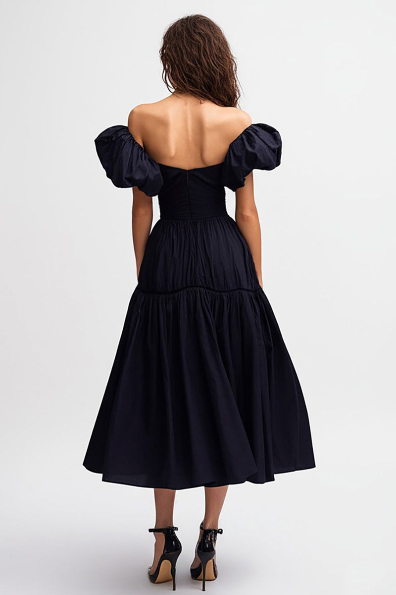 Load image into Gallery viewer, Black Satin Off the Shoulder A Line Midi Cocktail Dress with Ruffles