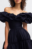 Load image into Gallery viewer, Black Satin Off the Shoulder A Line Midi Cocktail Dress with Ruffles