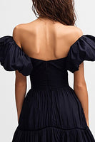 Load image into Gallery viewer, Black Satin Off the Shoulder A Line Midi Cocktail Dress with Ruffles