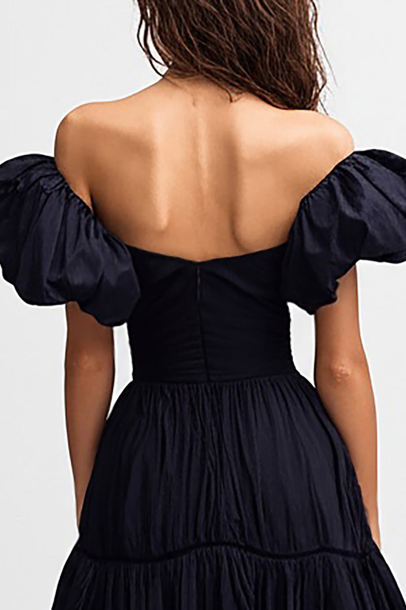 Load image into Gallery viewer, Black Satin Off the Shoulder A Line Midi Cocktail Dress with Ruffles