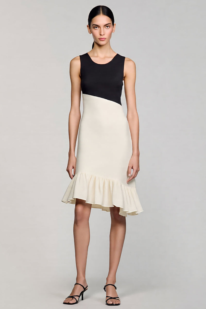 Load image into Gallery viewer, Satin Black and White Midi Cocktail Dress with Ruffles