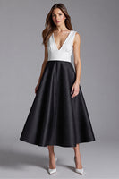 Load image into Gallery viewer, Satin Black and White Patchwork A Line Midi Cocktail Dress