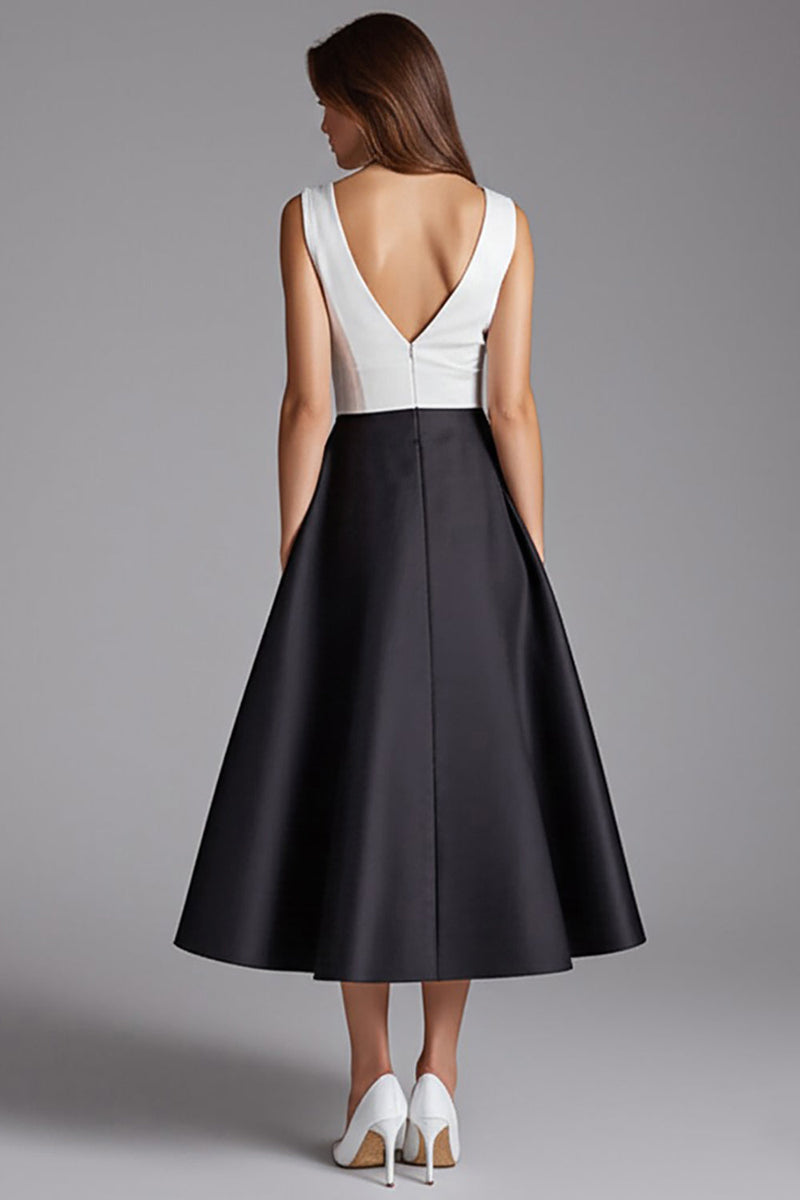 Load image into Gallery viewer, Satin Black and White Patchwork A Line Midi Cocktail Dress