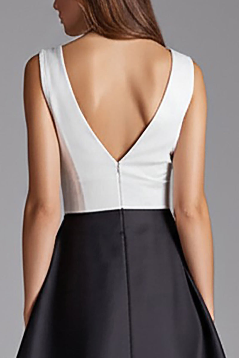 Load image into Gallery viewer, Satin Black and White Patchwork A Line Midi Cocktail Dress