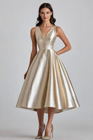 Load image into Gallery viewer, V-Neck A Line Champagne Midi Cocktail Dress