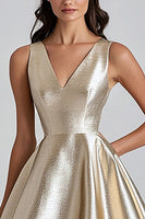 Load image into Gallery viewer, V-Neck A Line Champagne Midi Cocktail Dress