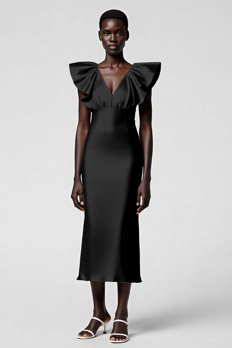 Load image into Gallery viewer, Satin Black Sheath Midi Cocktail Dress with Ruffles
