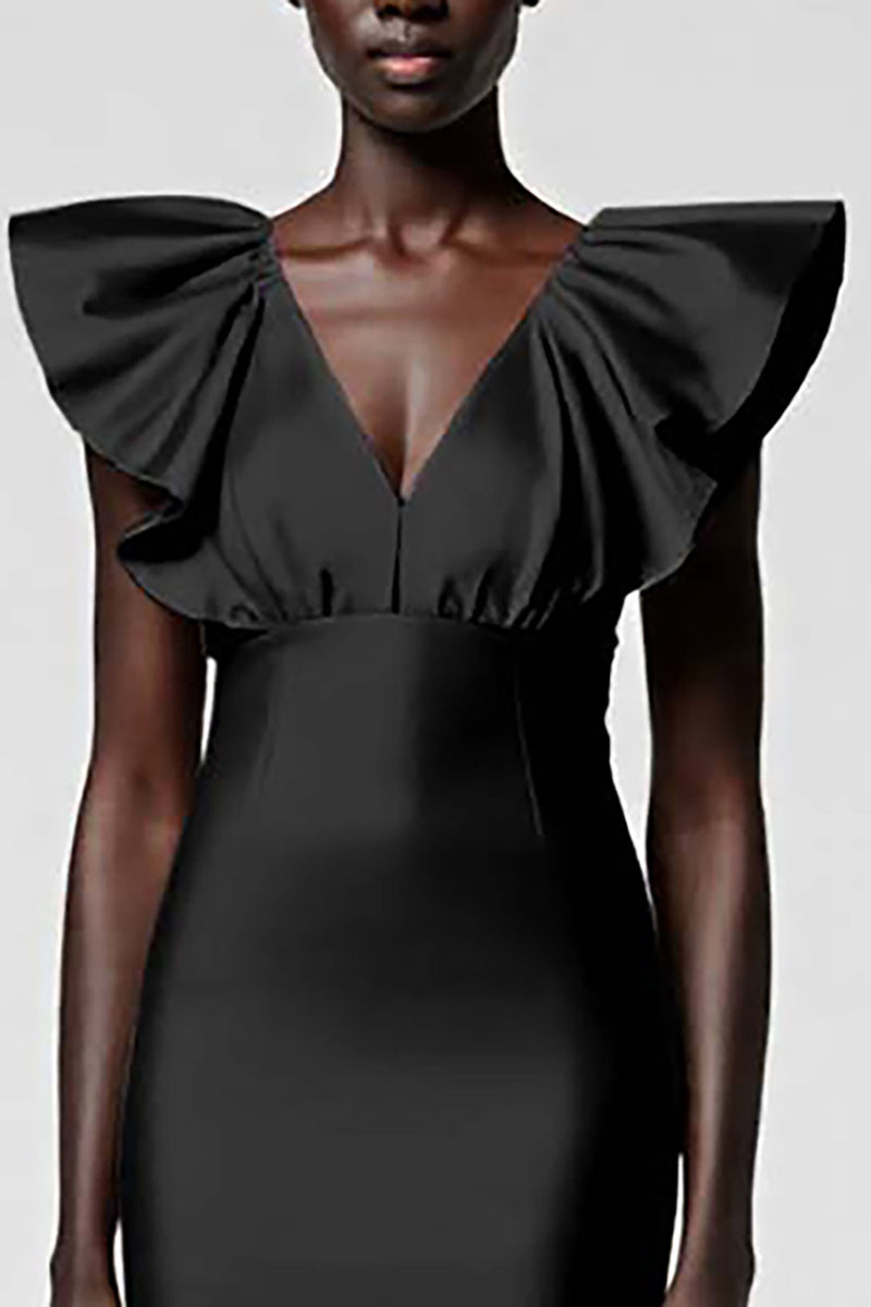 Load image into Gallery viewer, Satin Black Sheath Midi Cocktail Dress with Ruffles