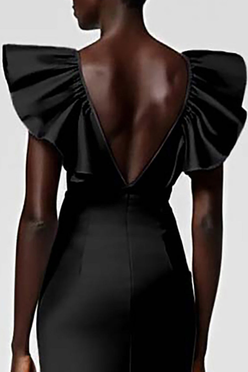 Load image into Gallery viewer, Satin Black Sheath Midi Cocktail Dress with Ruffles