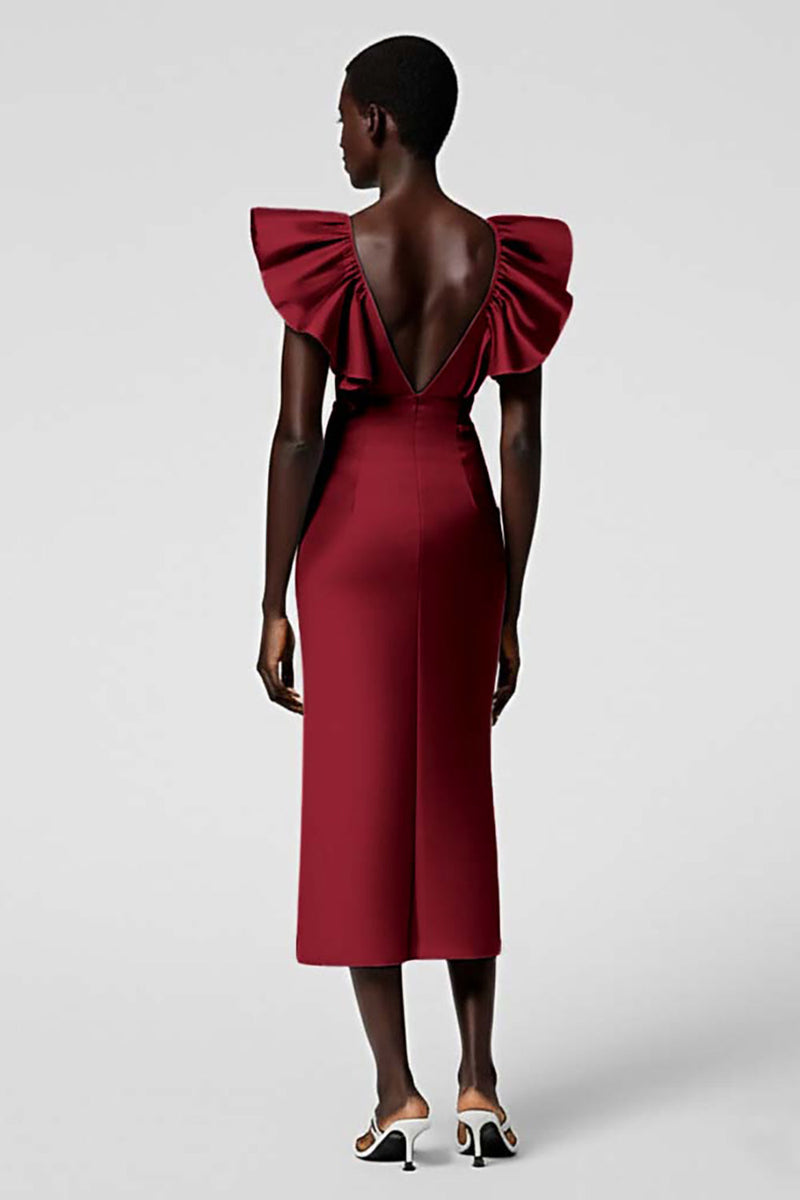 Load image into Gallery viewer, Satin Black Sheath Midi Cocktail Dress with Ruffles