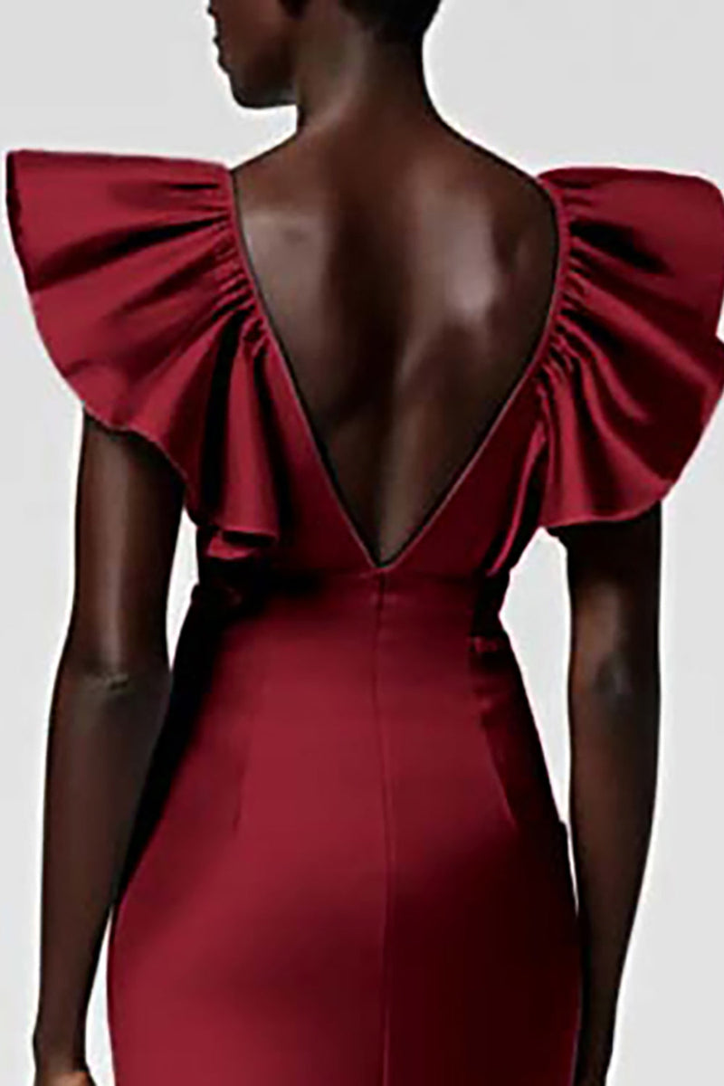 Load image into Gallery viewer, Satin Black Sheath Midi Cocktail Dress with Ruffles