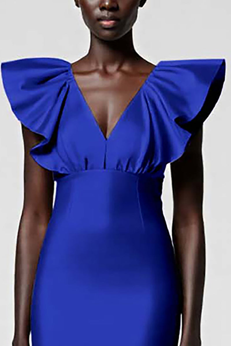 Load image into Gallery viewer, Satin Black Sheath Midi Cocktail Dress with Ruffles