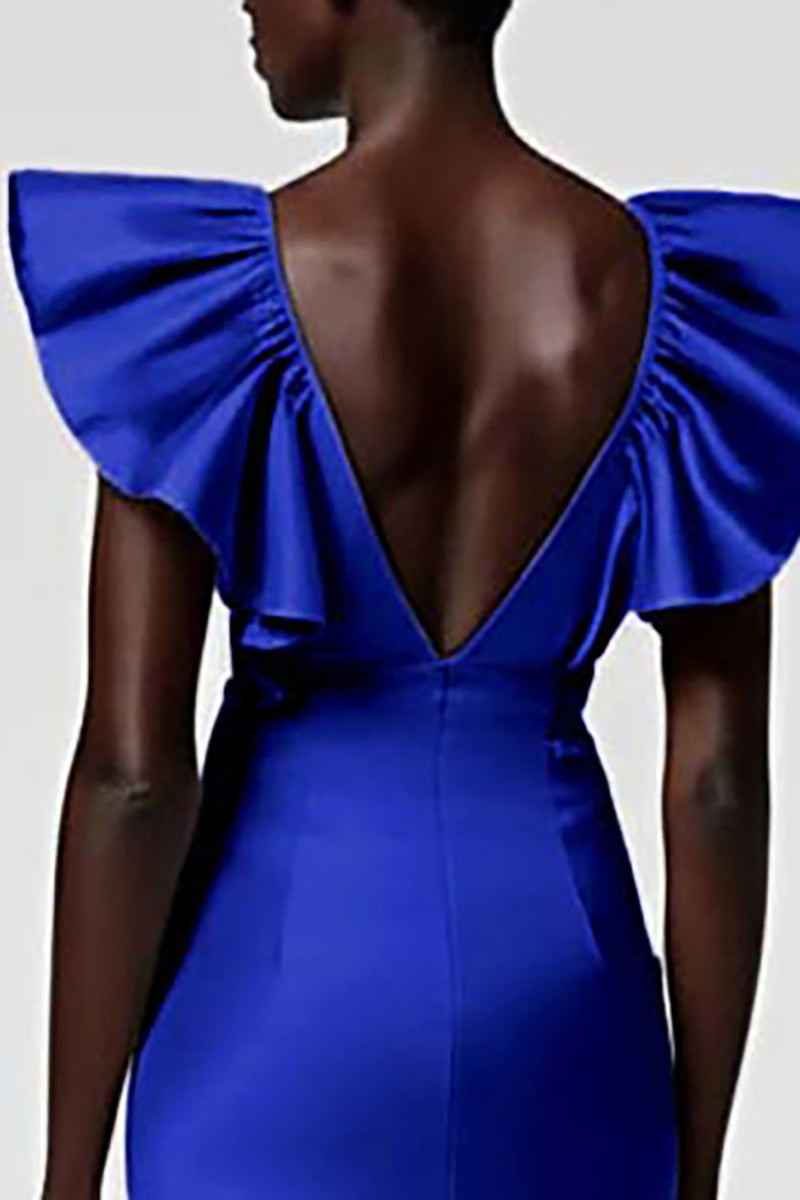 Load image into Gallery viewer, Satin Black Sheath Midi Cocktail Dress with Ruffles