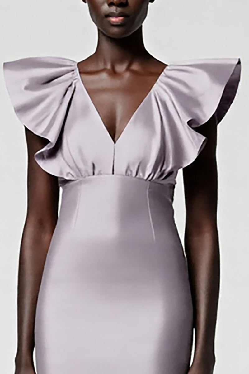 Load image into Gallery viewer, Satin Black Sheath Midi Cocktail Dress with Ruffles