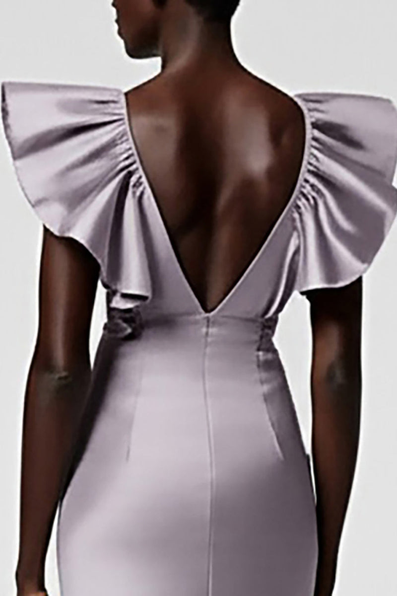 Load image into Gallery viewer, Satin Black Sheath Midi Cocktail Dress with Ruffles