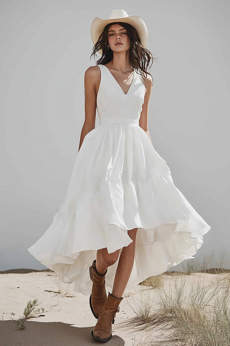 Load image into Gallery viewer, Women Ivory Boho Western Wedding Dress V-Neck High-Low A Line Cowgirl Wedding Dress