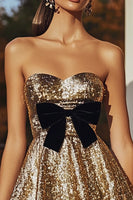 Load image into Gallery viewer, Sparkly Gold Sweetheart Sequin Short Cocktail Dress with Bow