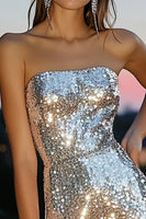 Load image into Gallery viewer, Sparkly Silver Tight Strapless Sequin Short Cocktail Dress
