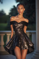 Load image into Gallery viewer, Sparkly Black Sequin A Line Off the Shoulder Short Cocktail Dress