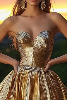 Sparkly Gold Sweetheart Metallic Short Cocktail Dress with Pleats