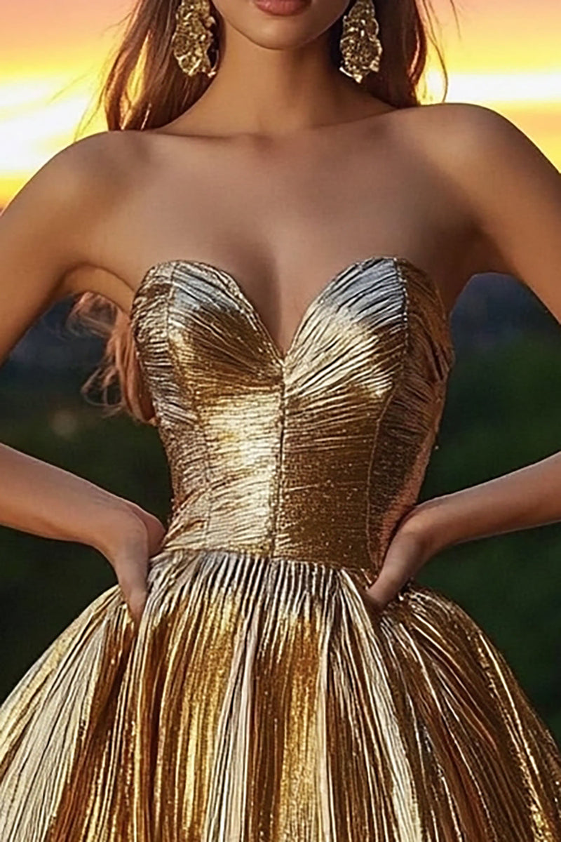Load image into Gallery viewer, Sparkly Gold Sweetheart Metallic Short Cocktail Dress with Pleats