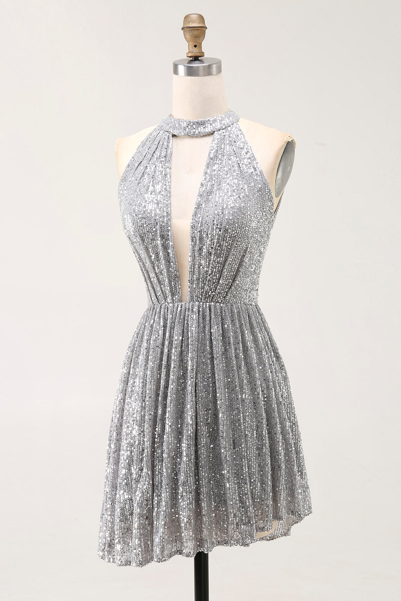 Load image into Gallery viewer, Sparkly Silver Halter Short Sequin Cocktail Dress with Keyhole
