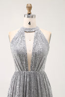 Load image into Gallery viewer, Sparkly Silver Halter Short Sequin Cocktail Dress with Keyhole